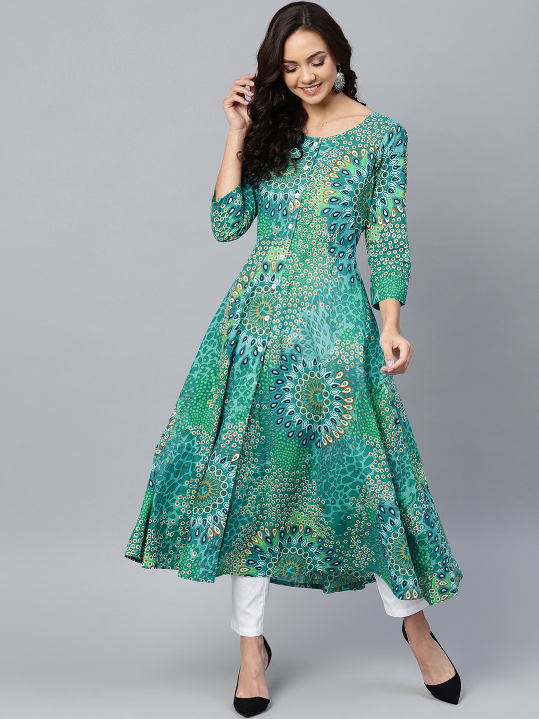 Jompers Women Green & White Printed Flared Kurta