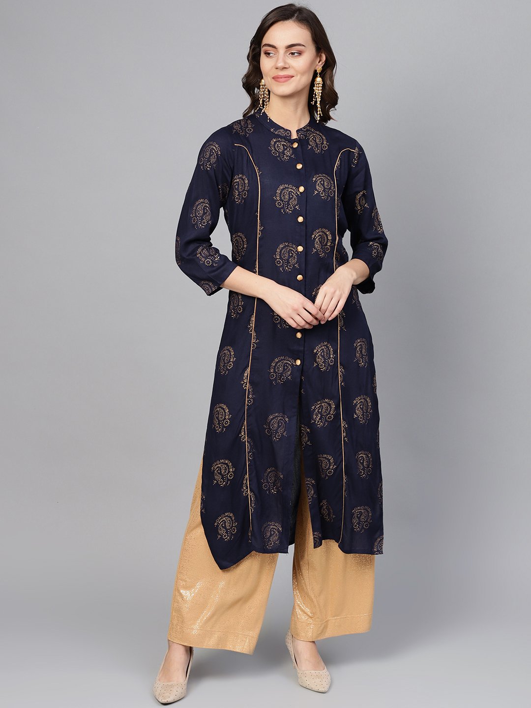 Jompers Women Navy Blue & Golden Printed Straight Kurta