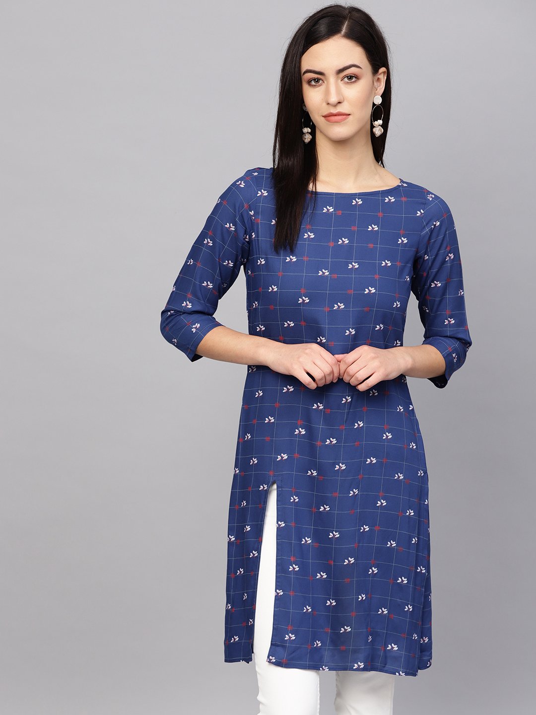 Jompers Women Blue & Off-White Checked Straight Kurta