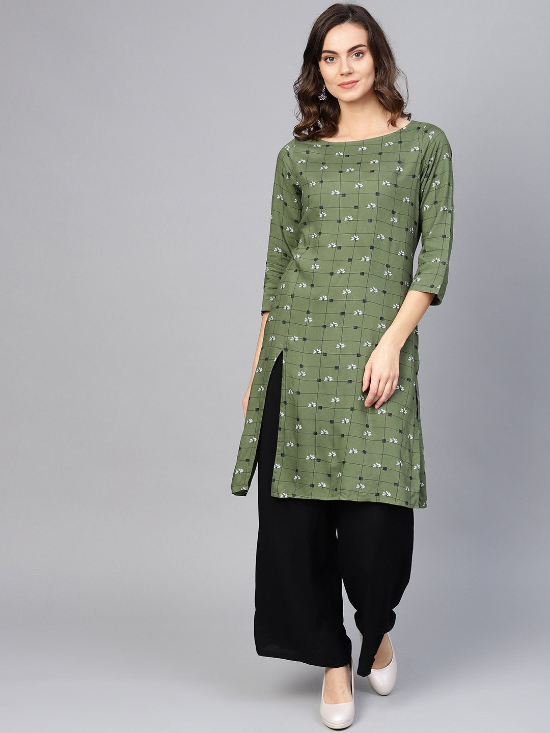Jompers Women Olive Green & Off-White Checked Straight Kurta