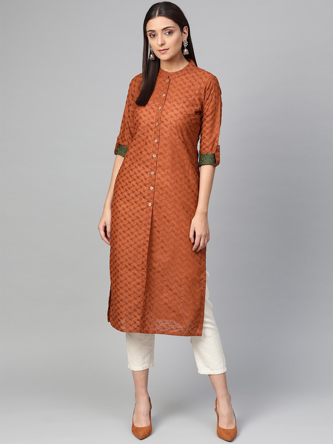 Jompers Women Rust Brown Embroidered Straight Kurta