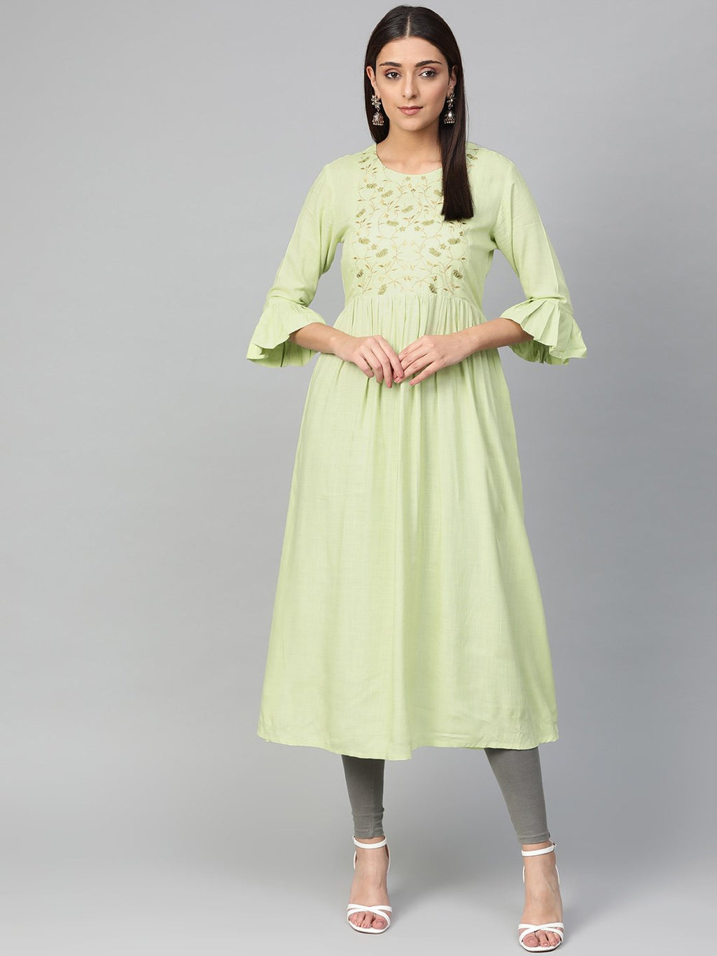 Jompers Women Green & Golden Yoke Design A-Line Kurta