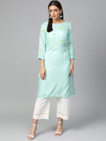 Jompers Women Blue Yoke Design Straight Kurta (Aqua)