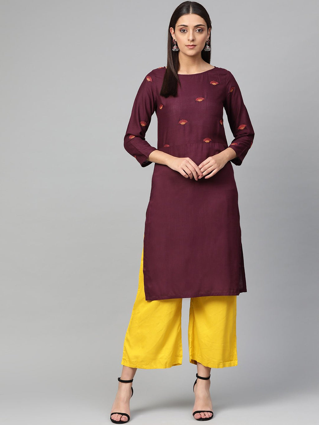 Jompers Women Purple Yoke Design Straight Kurta