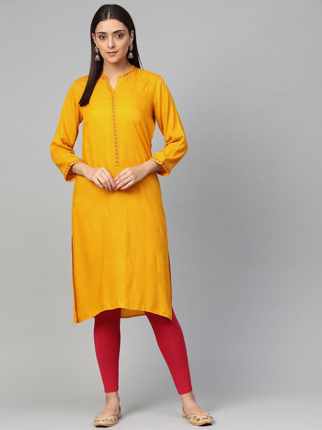 Jompers Women Mustard Embroidered Straight Kurta