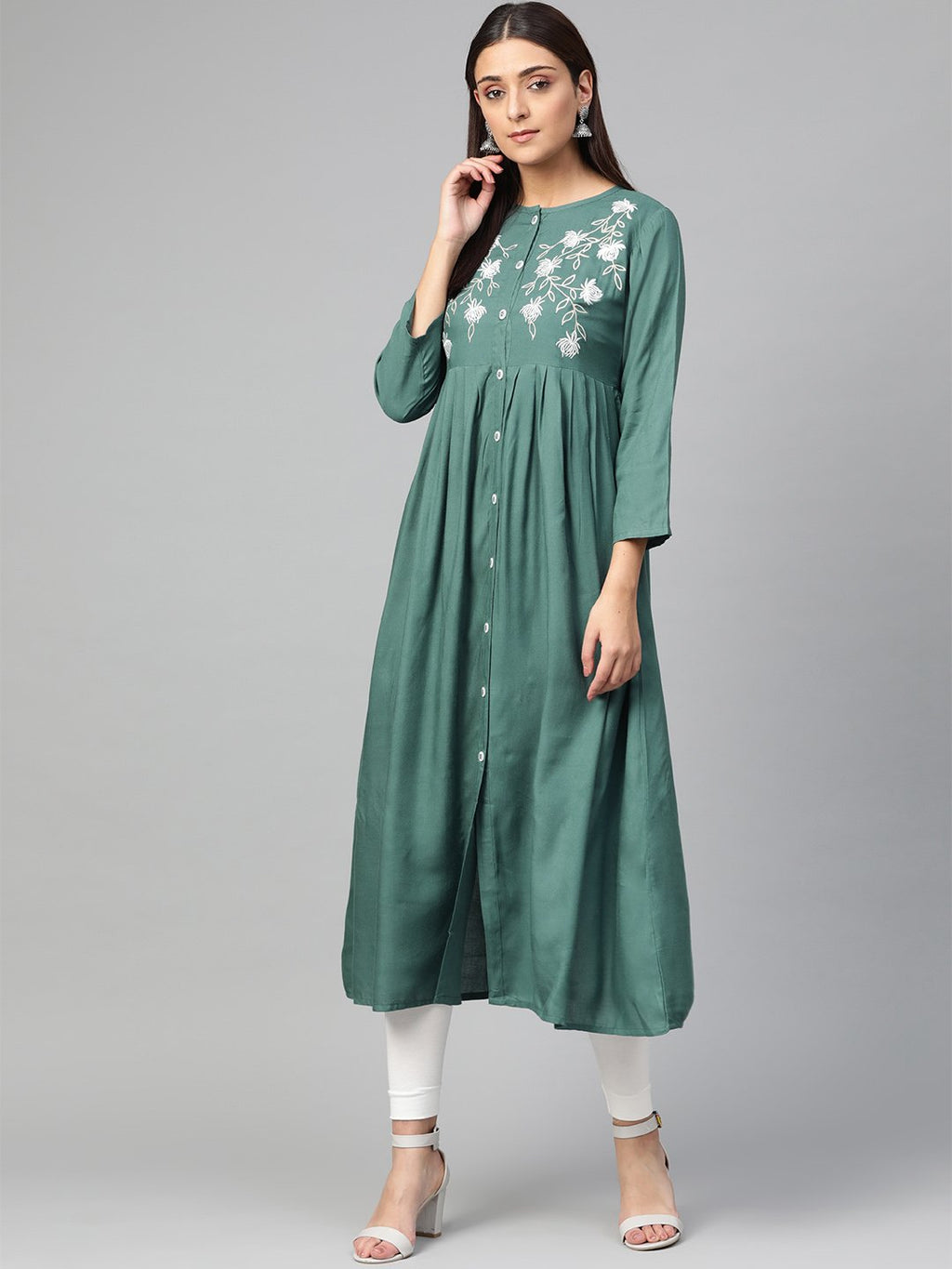 Jompers Women Green & White Yoke Design A-Line Kurta (Teal)