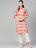 Jompers Women Red & Yellow Self-Striped Straight Kurta