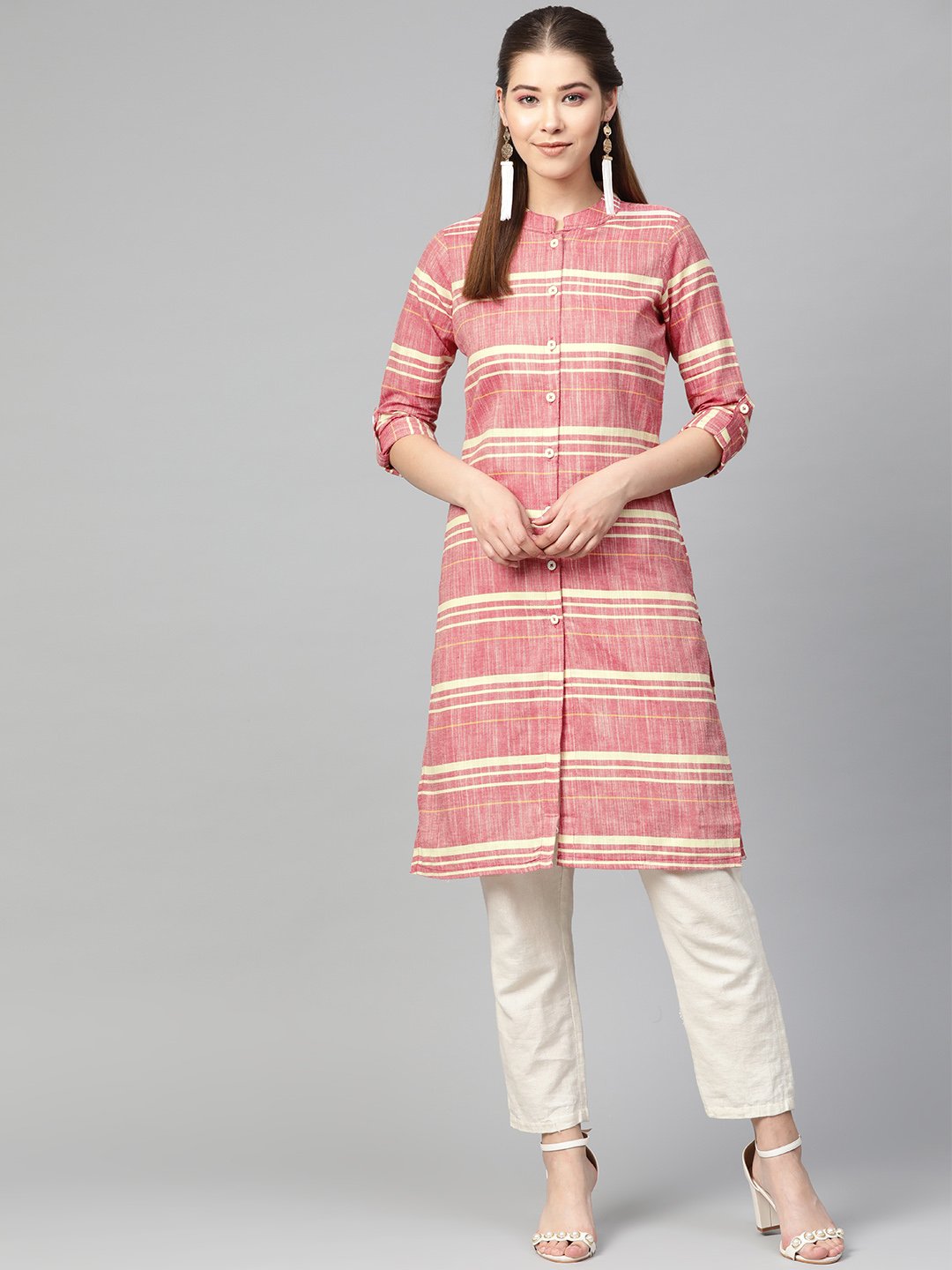 Jompers Women Red & Yellow Self-Striped Straight Kurta