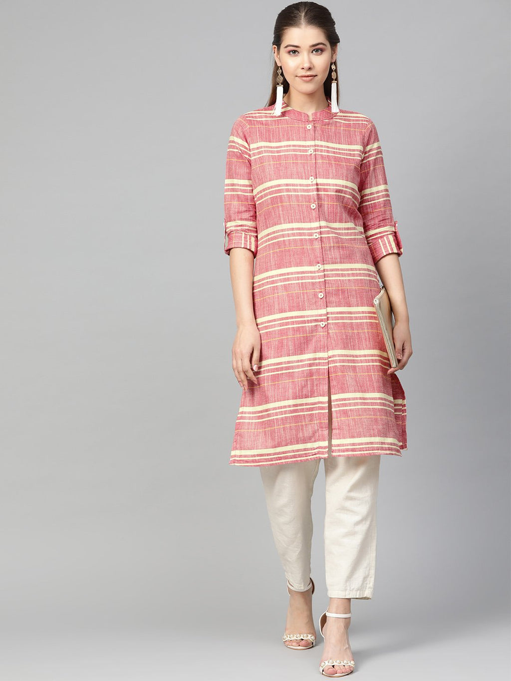 Jompers Women Red & Yellow Self-Striped Straight Kurta