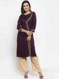 Jompers Women Purple Embroidered Straight Kurta ( Wine )