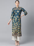 Jompers Women Teal Blue & Fluorescent Green Printed Straight Kurta