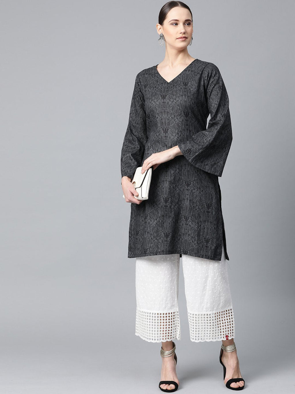 Jompers Women Charcoal Grey & Black Printed Straight Kurta