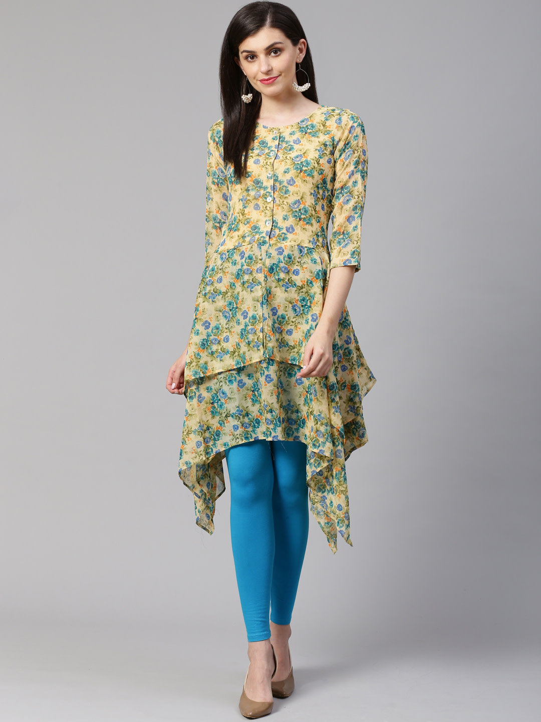 Jompers Women Beige & Blue Floral Printed A-Line Kurta