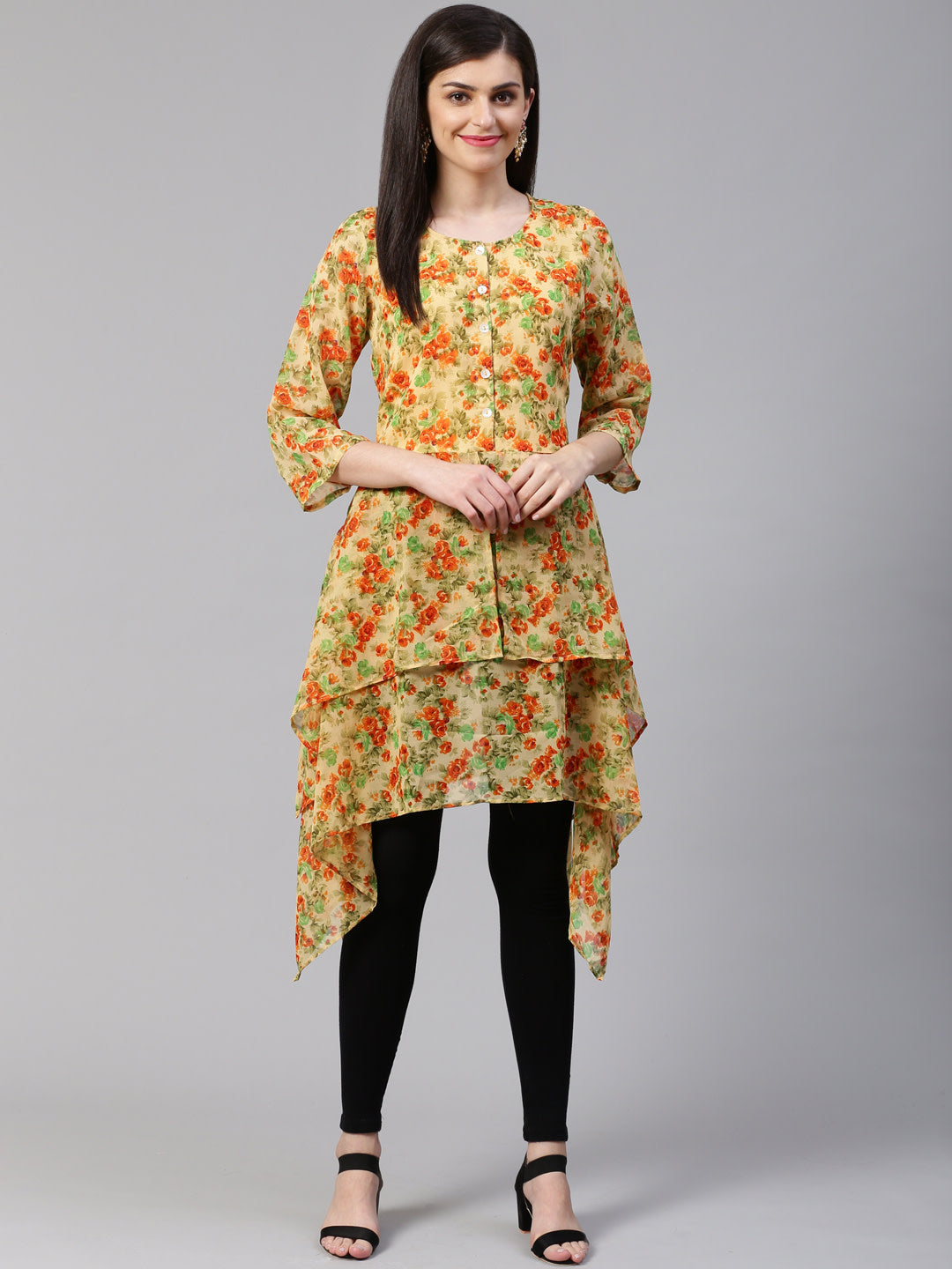 Jompers Women Beige & Orange Floral Printed A-Line Kurta