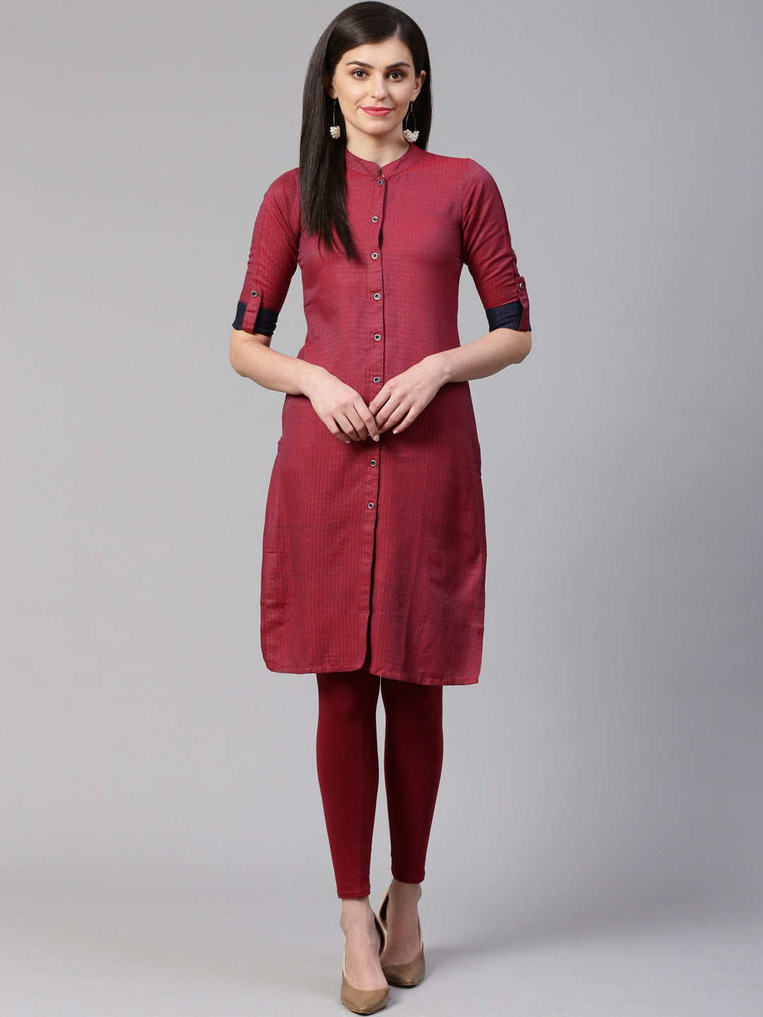 Jompers Women Maroon & Blue Jacquard Woven Design Straight Kurta