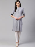 Jompers Women Grey & Blue Jacquard Woven Design Straight Kurta