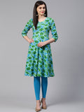 Jompers Women Blue & Green Floral Print Angrakha A-Line Kurta
