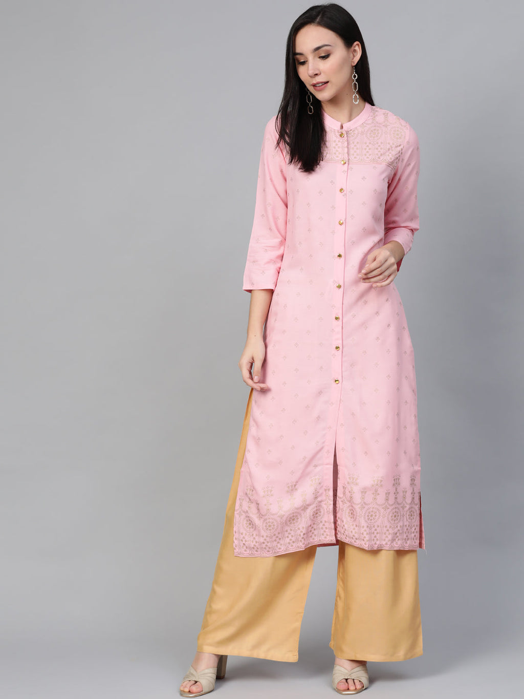 Jompers Women's Pink & Gold-Toned Printed Straight Kurta