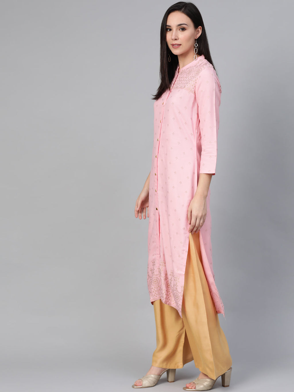 Jompers Women's Pink & Gold-Toned Printed Straight Kurta