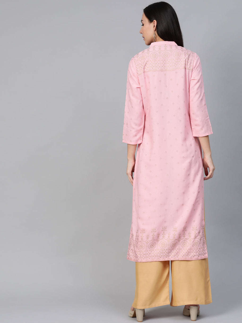 Jompers Women's Pink & Gold-Toned Printed Straight Kurta