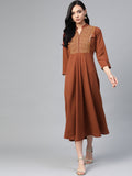 Jompers Women Brown Embroidered Yoke Design A-Line Kurta