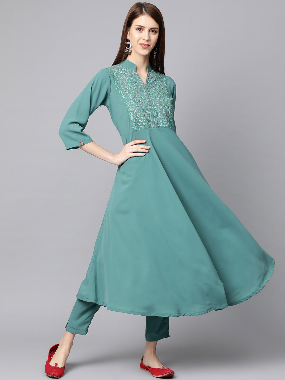Jompers Women Green Embroidered Yoke Design A-Line Kurta