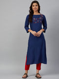 Jompers Women Blue & Pink Yoke Embroidered Straight Kurta