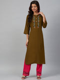 Jompers Women Olive Brown & Pink Yoke Embroidered Straight Kurta