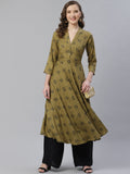 Jompers Women Olive & Black Floral Printed A-Line Kurta