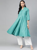 Jompers Women's Green & White Woven Design Jacquard A-Line Kurta