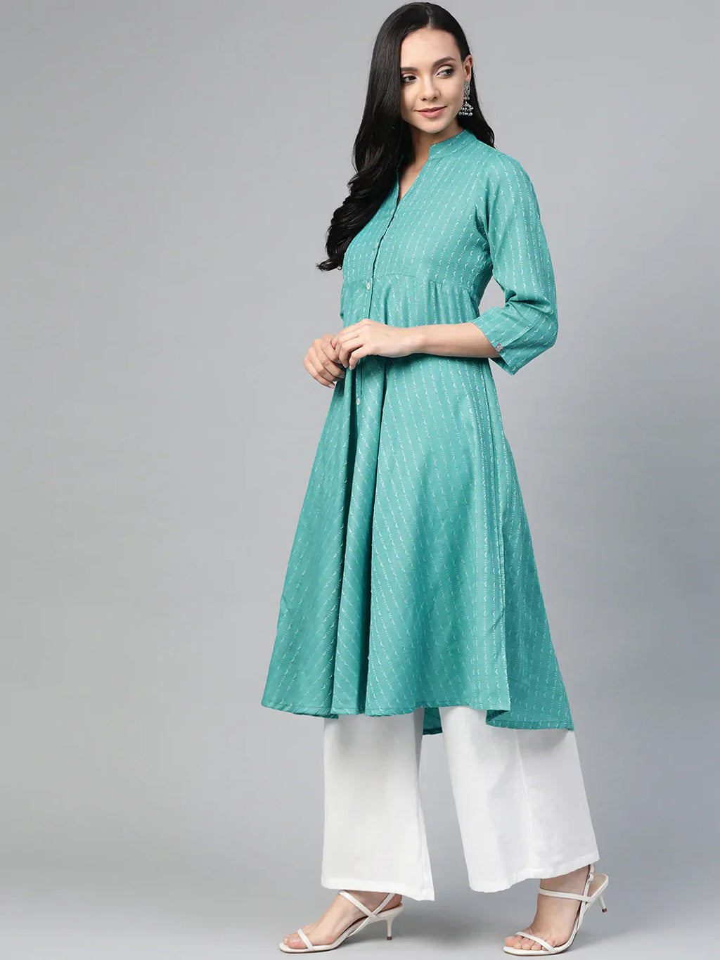 Jompers Women's Green & White Woven Design Jacquard A-Line Kurta