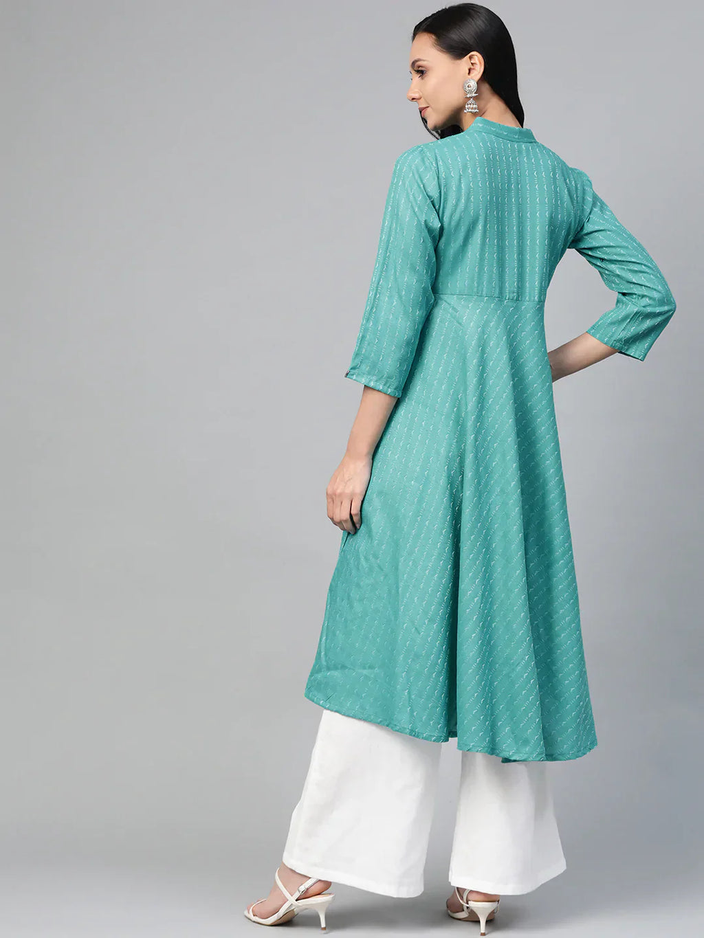 Jompers Women's Green & White Woven Design Jacquard A-Line Kurta