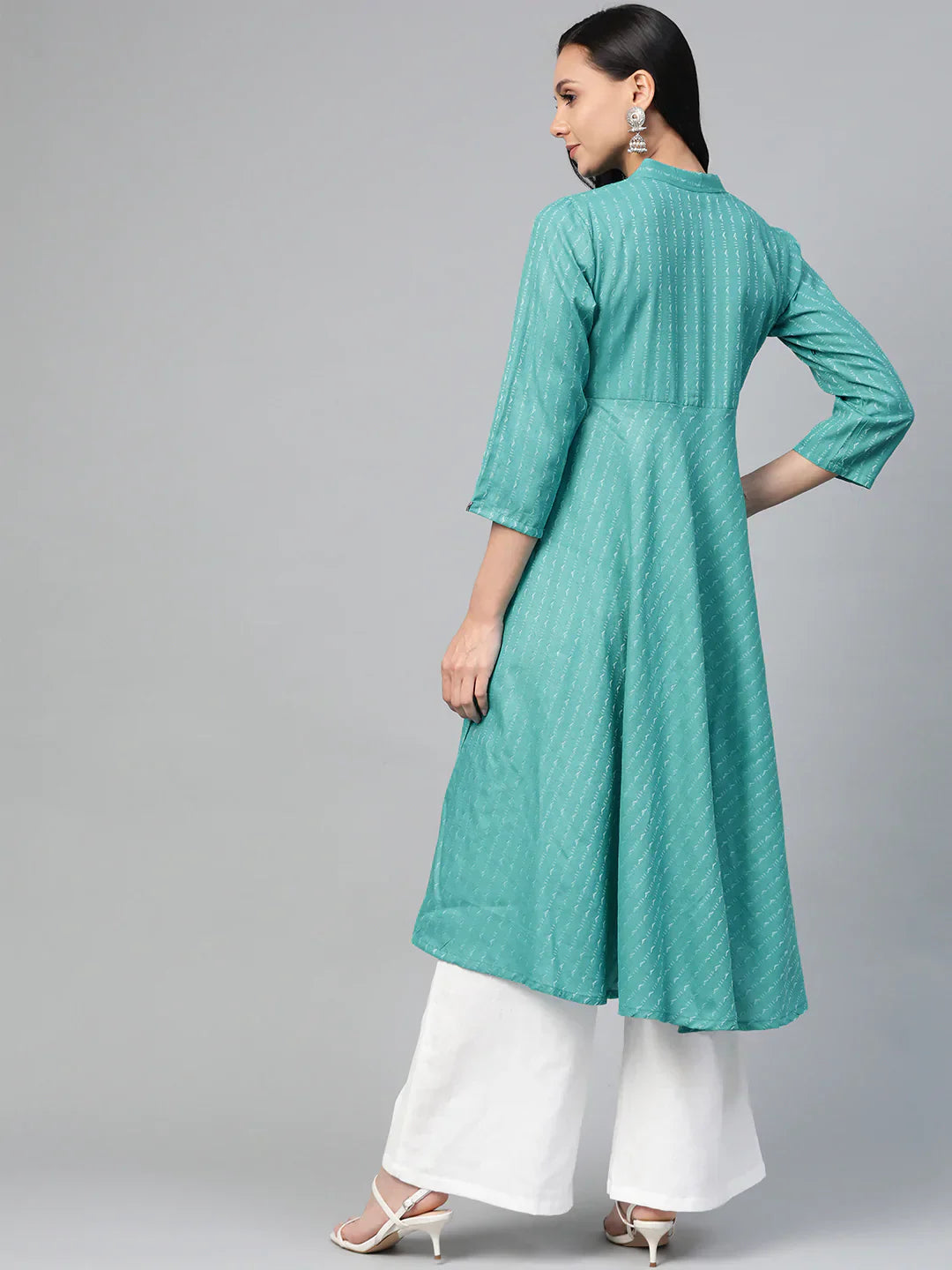 Jompers Women's Green & White Woven Design Jacquard A-Line Kurta
