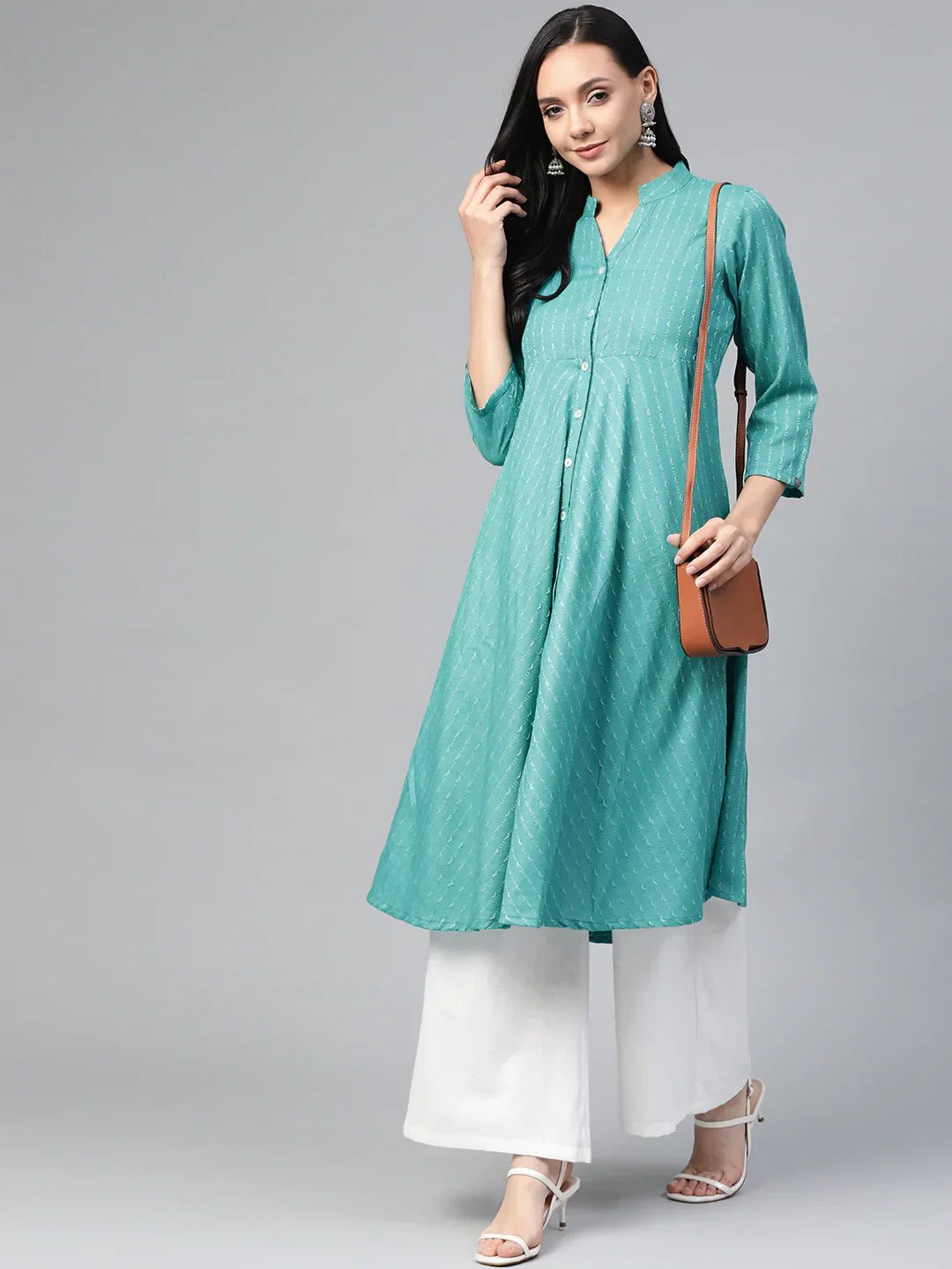 Jompers Women's Green & White Woven Design Jacquard A-Line Kurta