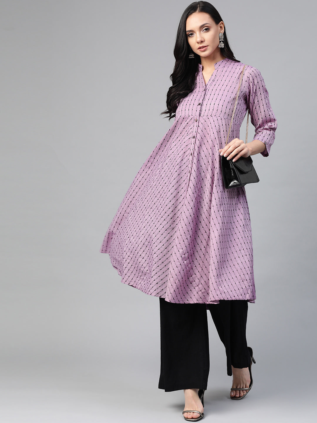 Jompers Women Purple & Black Woven Design Jacquard A-Line Kurta