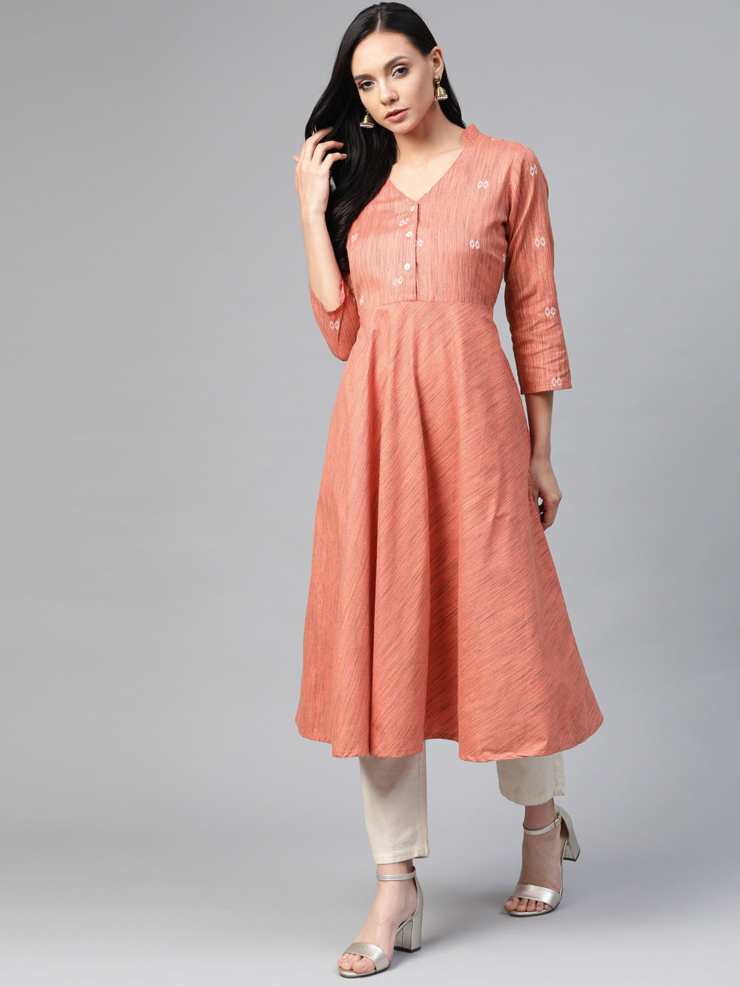 Jompers Women Orange Woven Design Flaired Kurta