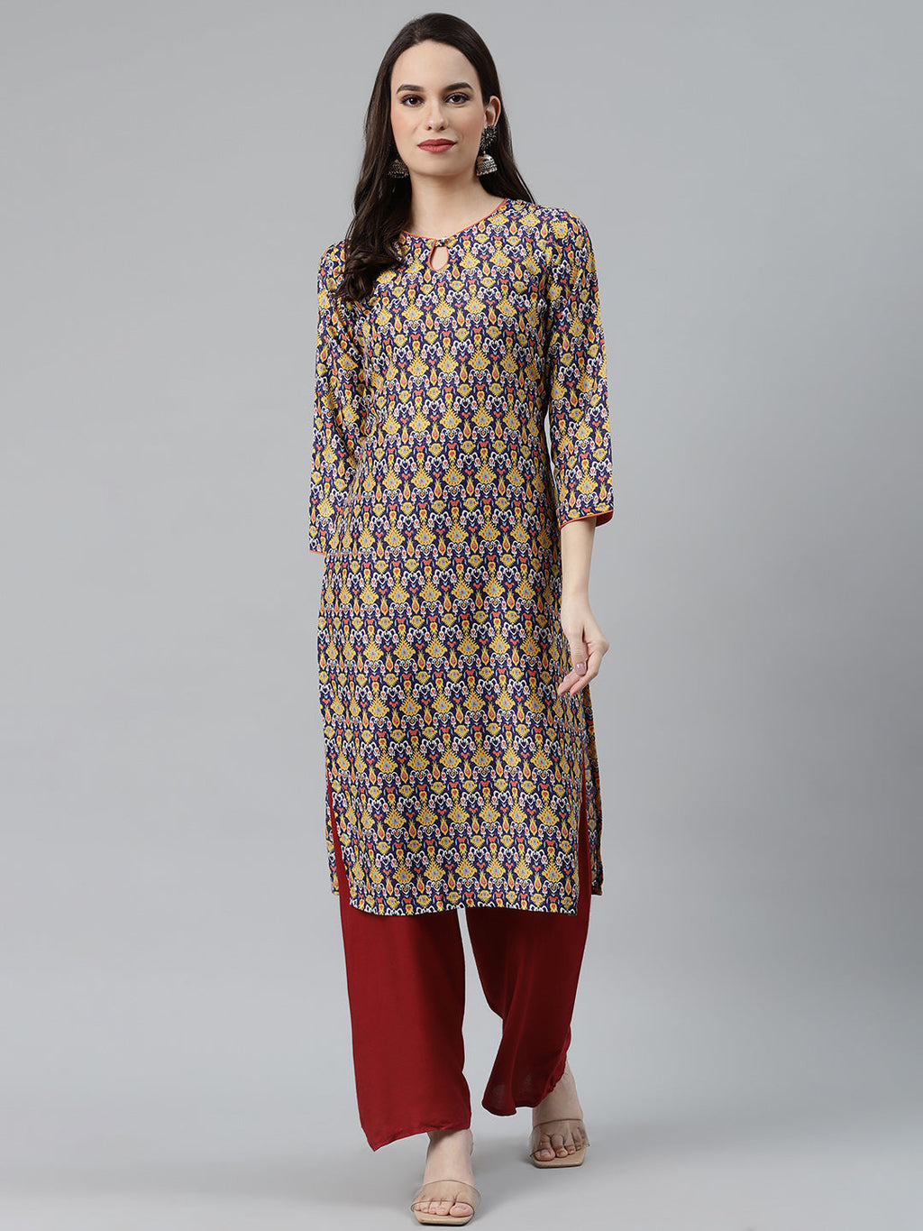 Jompers Women Blue & Yellow Geometric Printed Keyhole Neck Kurta