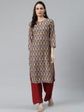 Jompers Women Blue & Yellow Geometric Printed Keyhole Neck Kurta