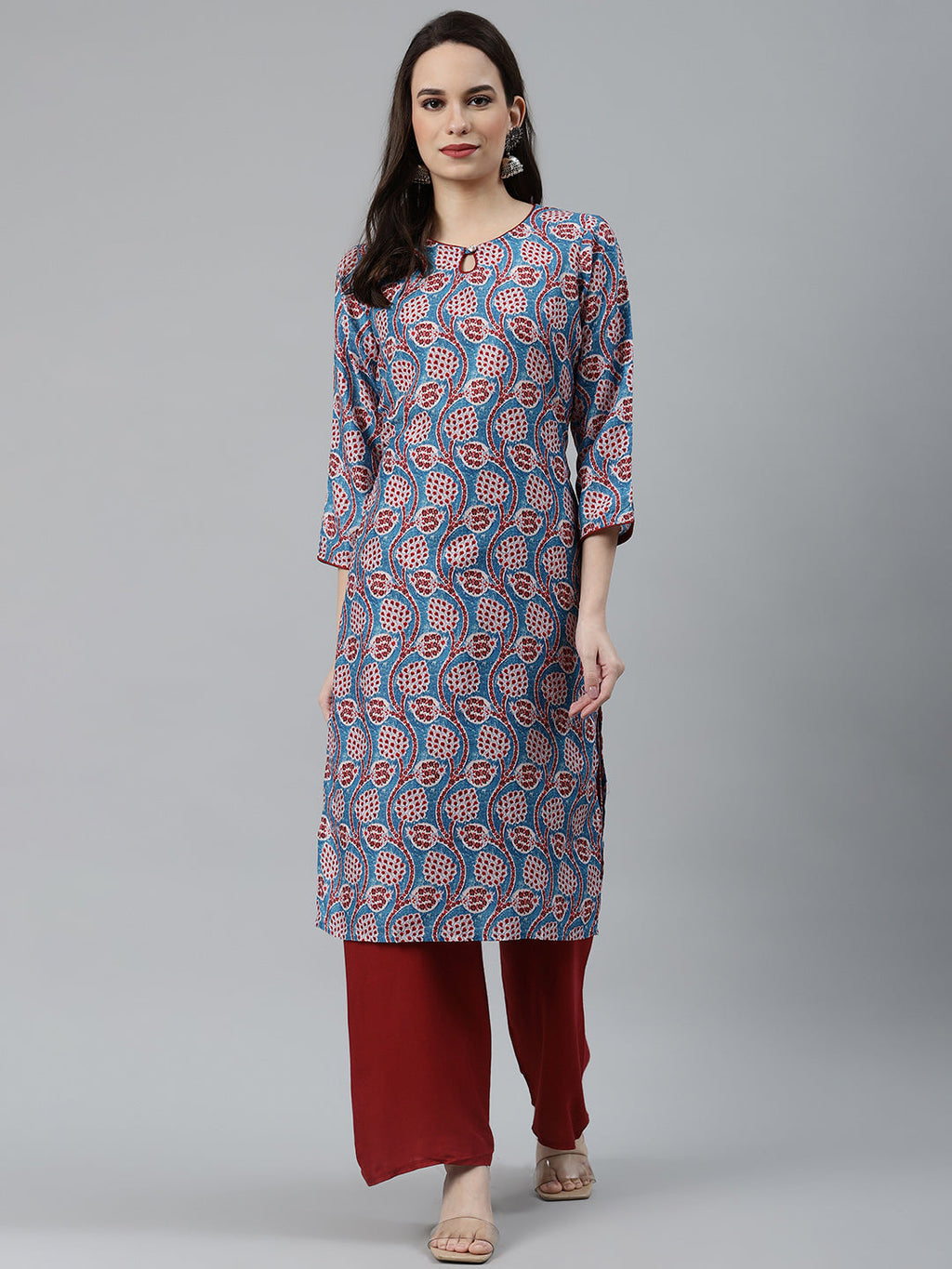 Jompers Women Blue & Red Ethnic Motifs Printed Keyhole Neck Kurta