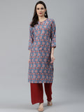 Jompers Women Blue & Red Ethnic Motifs Printed Keyhole Neck Kurta