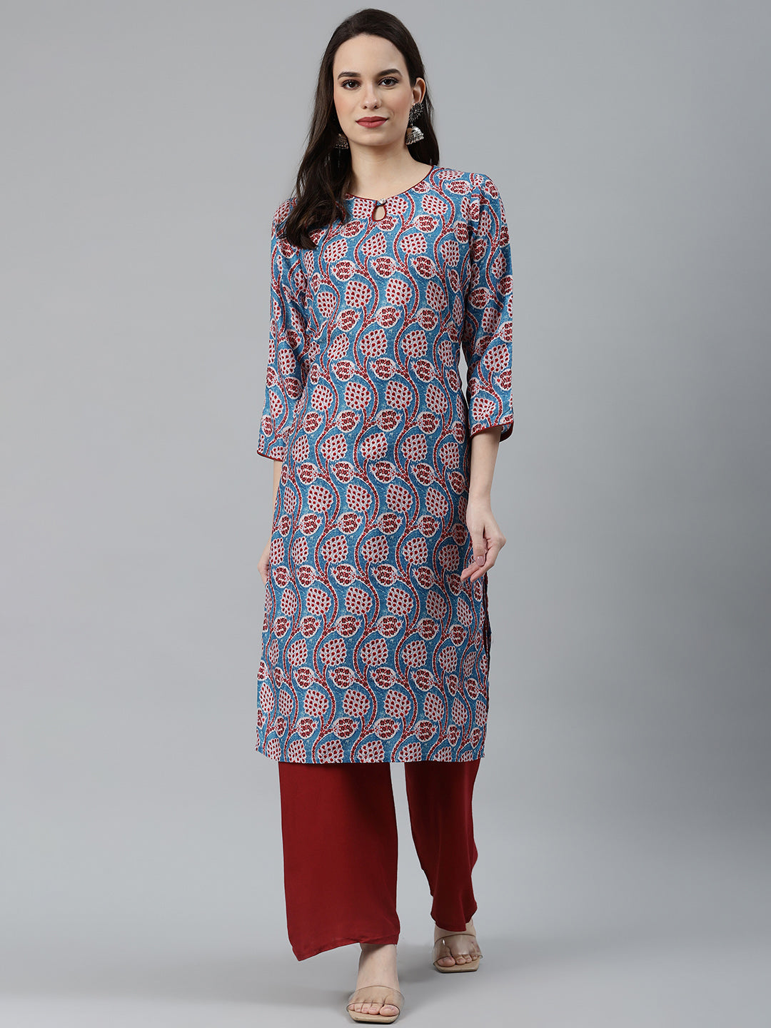 Jompers Women Blue & Red Ethnic Motifs Printed Keyhole Neck Kurta