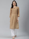 Jompers Women Yellow & Maroon Floral Printed Keyhole Neck Kurta