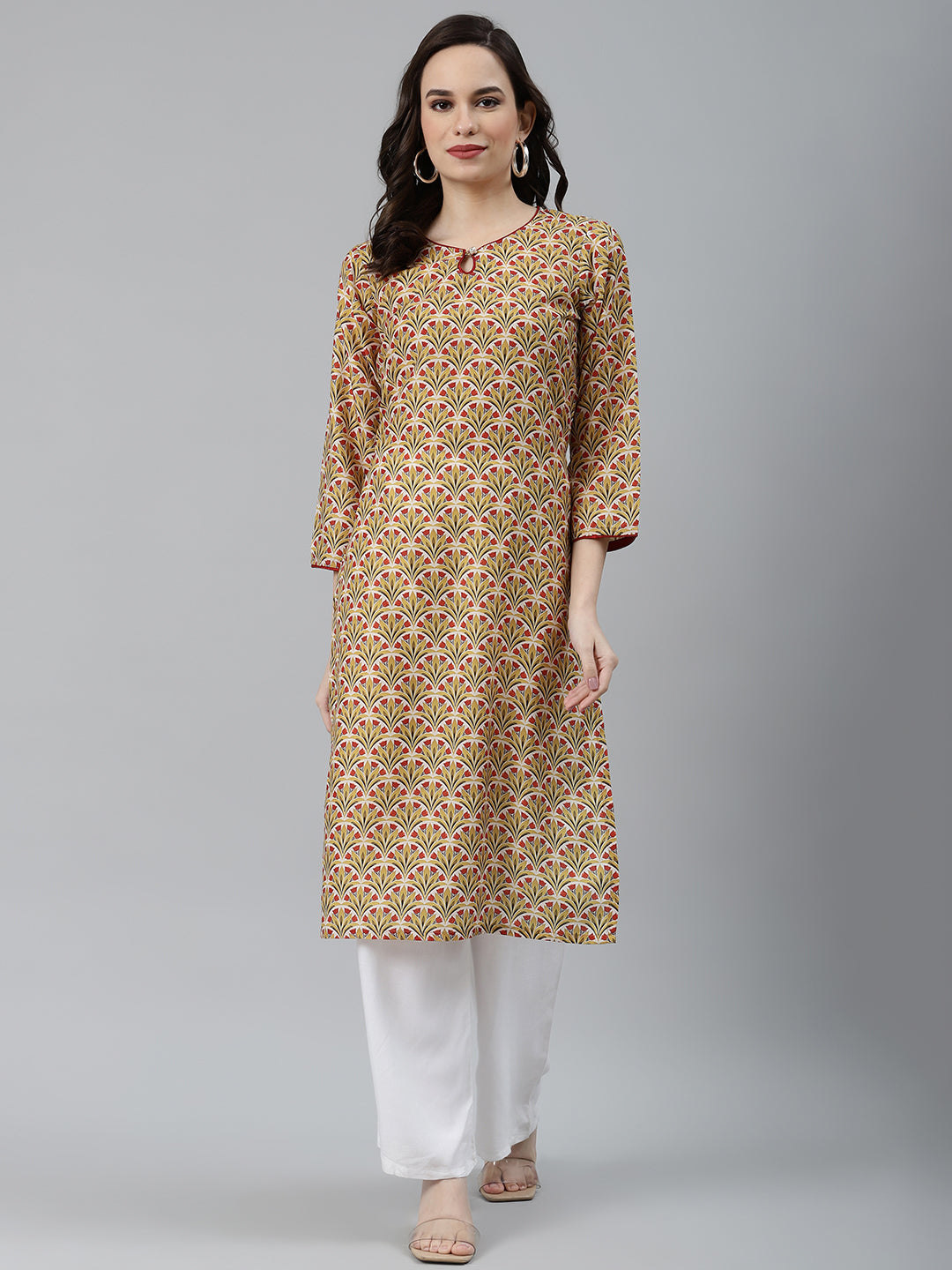 Jompers Women Yellow & Maroon Floral Printed Keyhole Neck Kurta