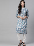 Jompers Women Blue & White Floral Printed Keyhole Neck Floral Kurta