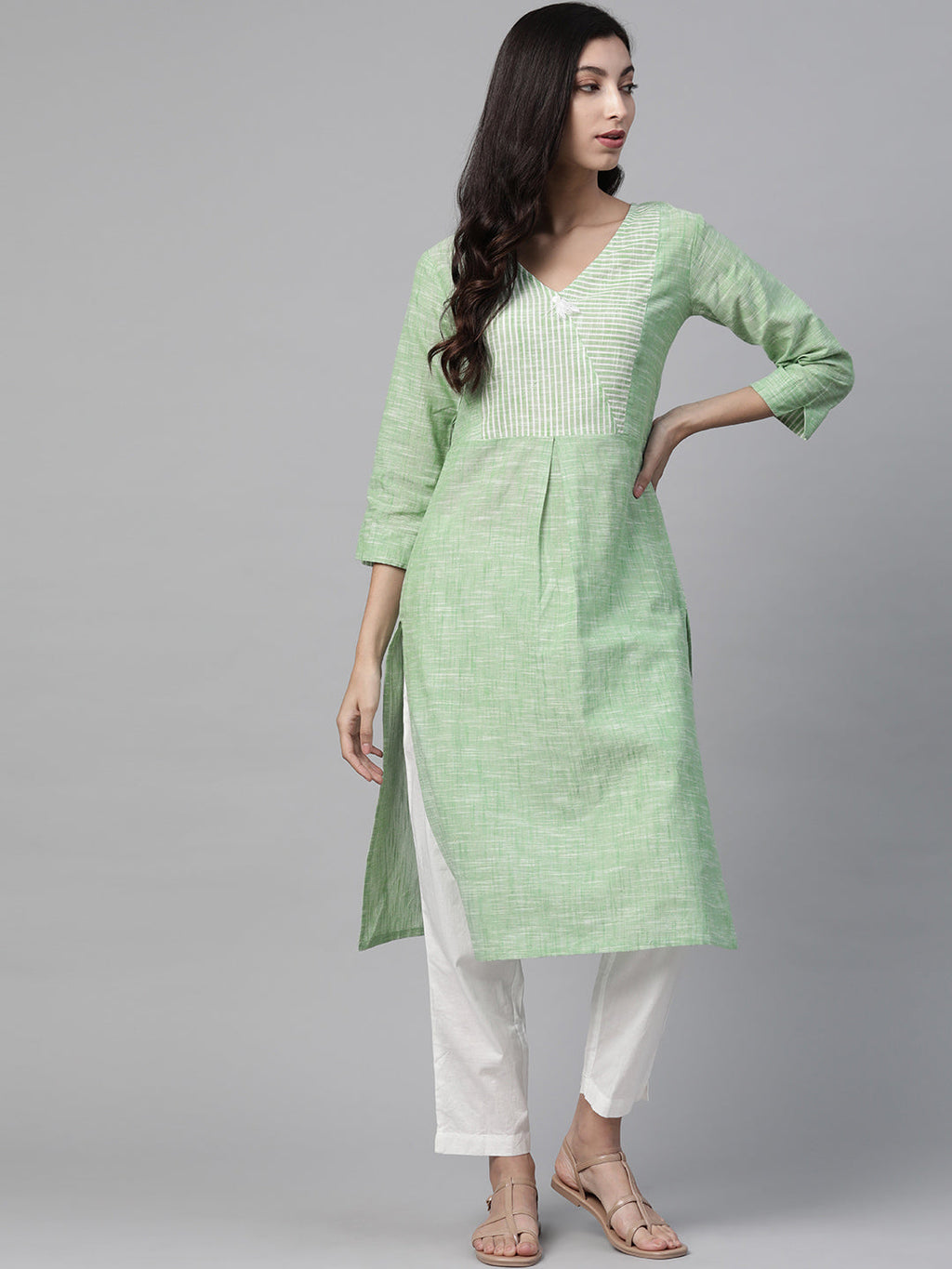 Jompers Women Green Pure Cotton Striped Pleated Kurta