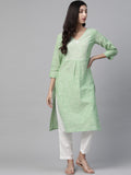 Jompers Women Green Pure Cotton Striped Pleated Kurta