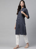 Jompers Women Navy Blue & White Striped Indigo Fusion Kurta