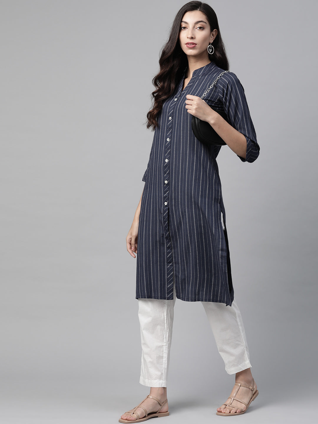 Jompers Women Navy Blue & White Striped Indigo Fusion Kurta