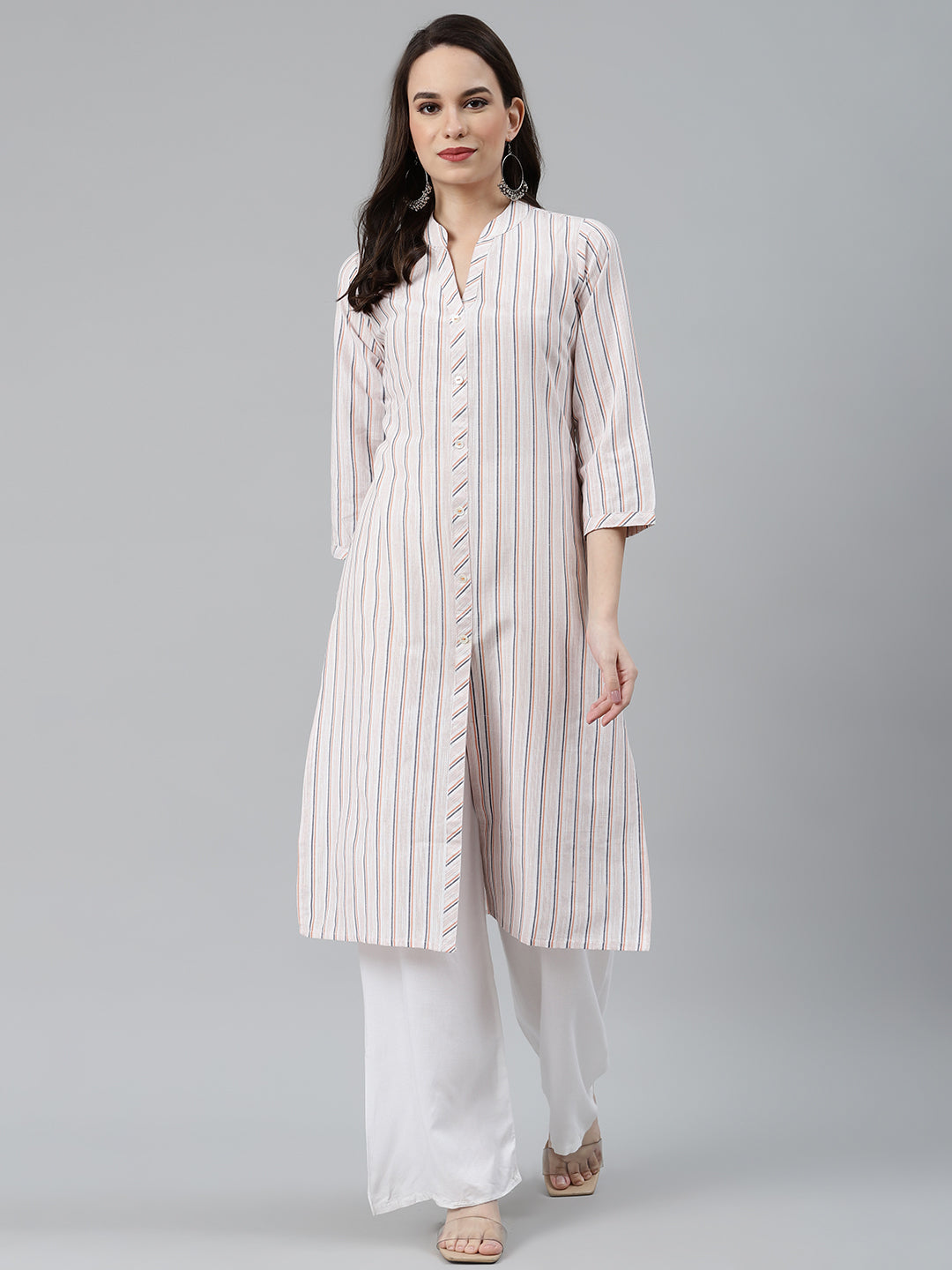 Jompers Women White & Orange Striped Indigo Fusion Kurta