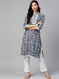 Jompers Women Navy Blue & Off White Ethnic Motifs Printed Kurta